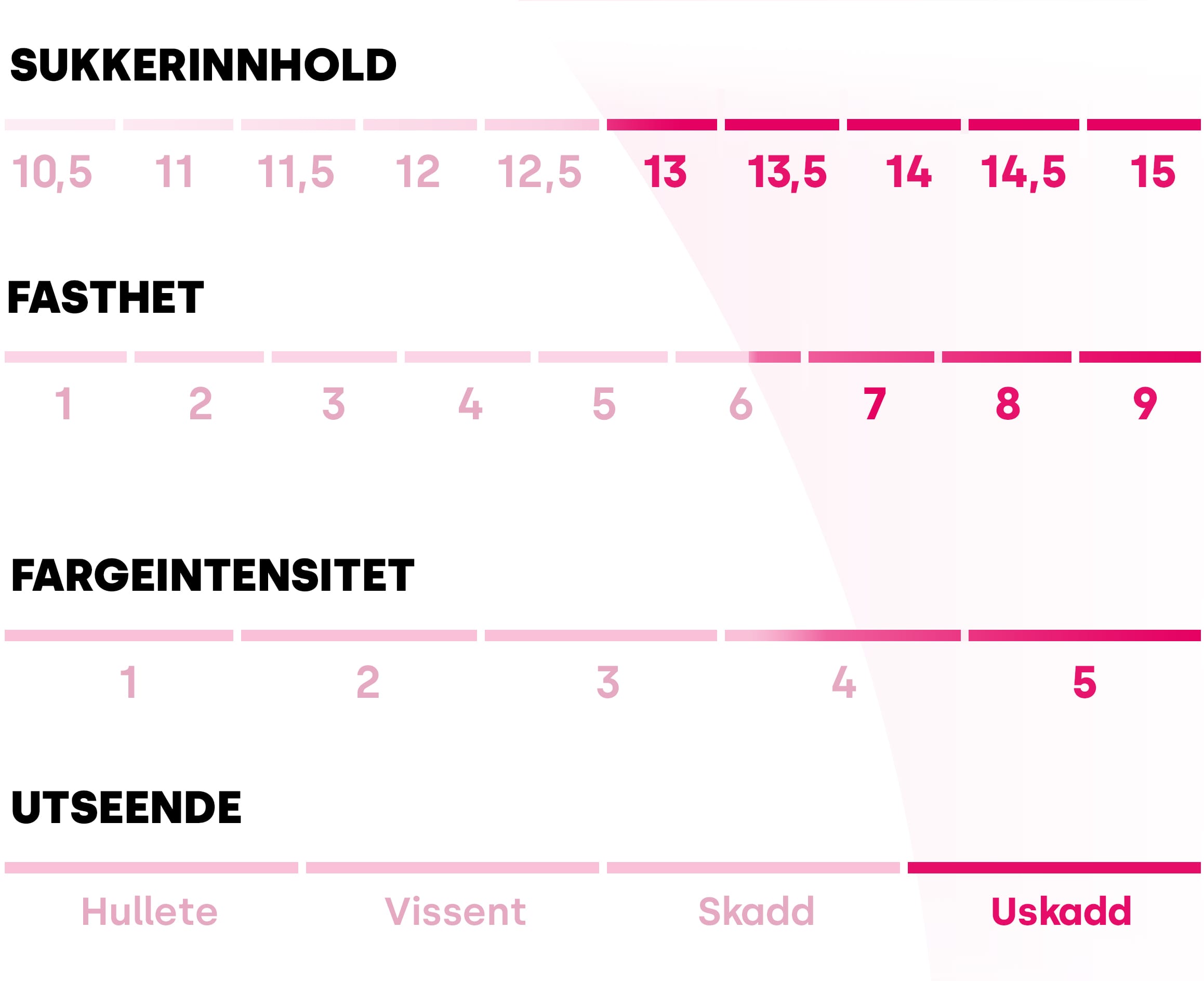 Tabell som beskriver de ulike næringsverdiene til Pink Lady®-eplet. Sukkerinnhold: 13/15, fasthet: 6,5/9, fargestyrke: 4,5/5 og utseende: sunt.